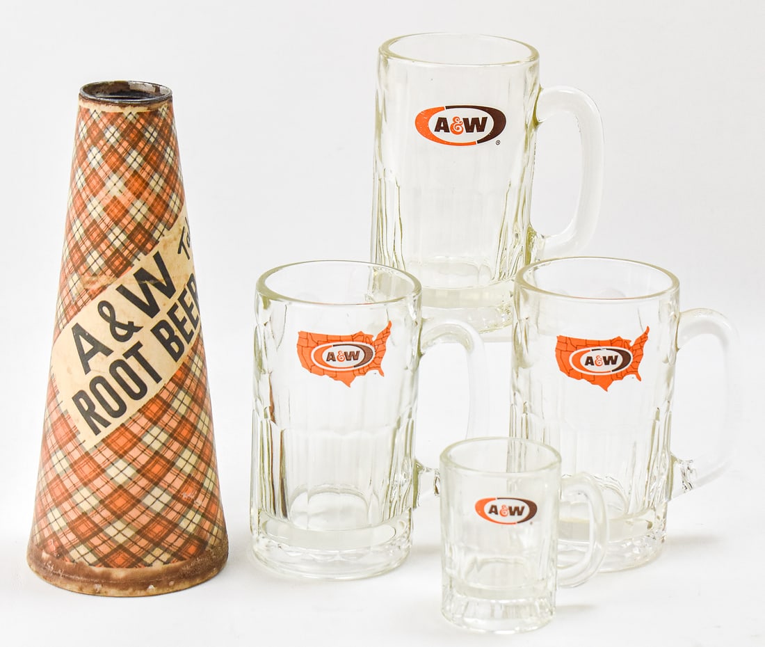 A&W ROOT BEER MUGS & MEGAPHONE CUP: This lot consists of three large A&W root beer mugs, one mini root beer mug and one wax cone megaphone cup. The megaphone cup was distributed during the 1950s-60s. Megaphone cup measures 10" H x 4" W