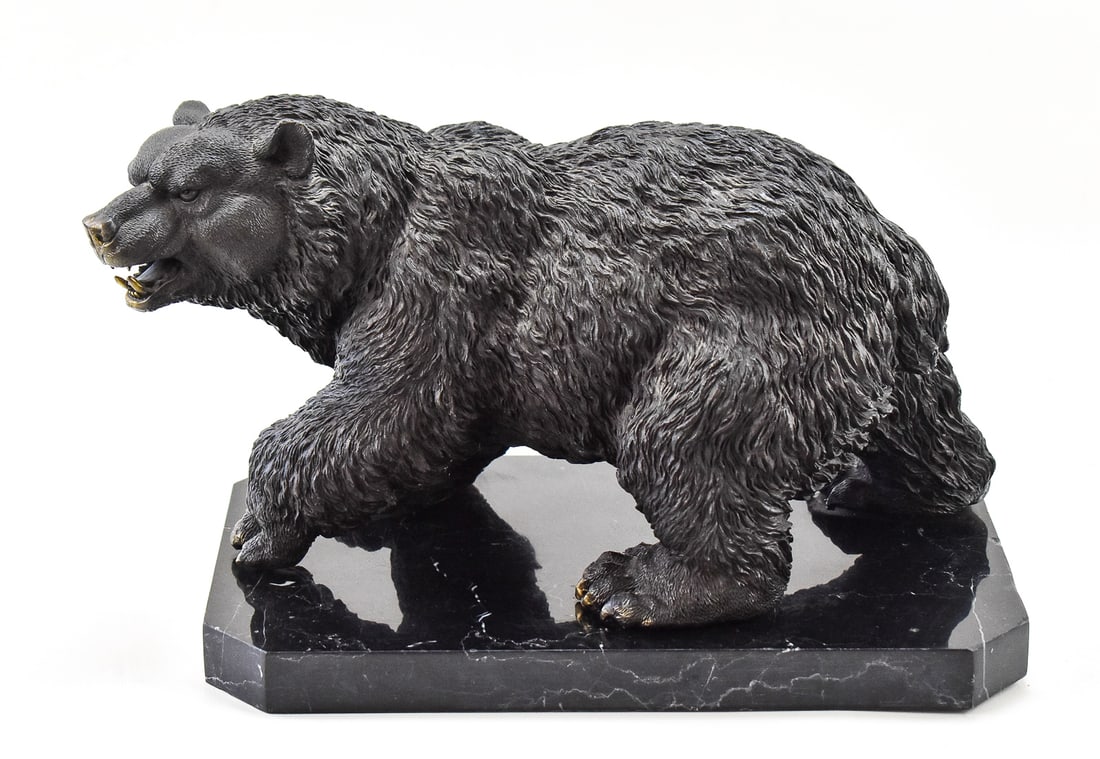 WILD BEAR BRONZE SCULPTURE: Sculpture was manufactured in the early 20th century. It is a hollow casting of a grizzly bear, while the base is a heavy marble. Sculpture is 10" H x 17" W x 8.75" W and weighs 30lbs.
