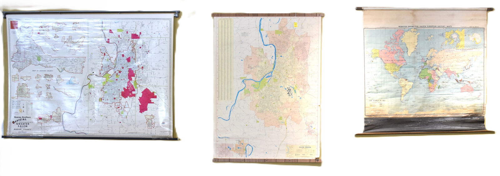 COLLECTION OF VINTAGE AND ANTIQUE MARION COUNTY, OREGON & WORLD MAPS: Includes a Hearne Brothers map of Greater Salem and Marion County, Oregon, estimated to depict the area in the 1980s, a Champion map of Salem, Oregon circa 1981, and an A. J. Nystrom and Company