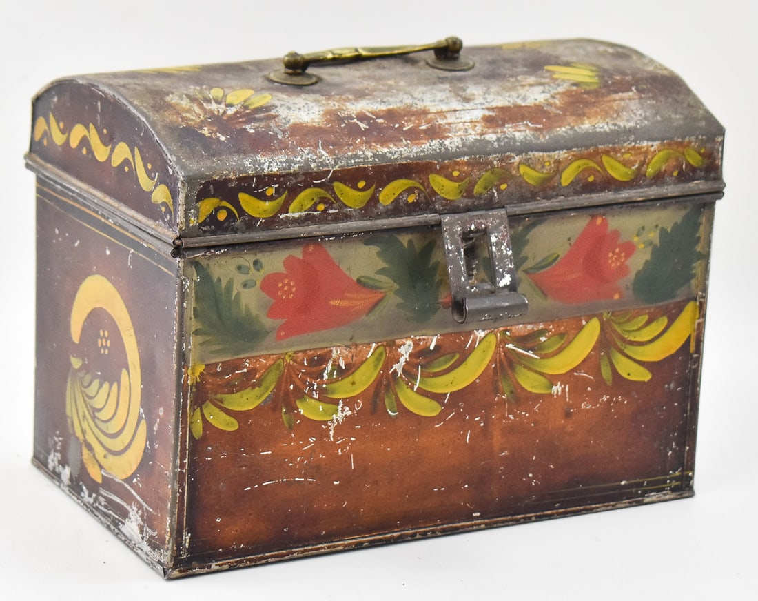 TOLEWARE DOME-TOP BOX, 19TH CENTURY: A toleware painted tin dome-top box, circa 19th century. The box measures 7.5" H x 10" W x 6" D.