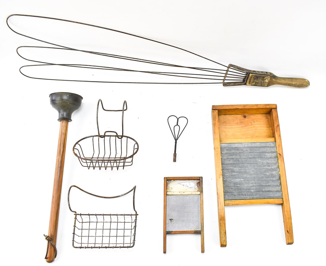 COLLECTION OF ANTIQUE & PRIMITIVE HOUSEHOLD ITEMS: A collection of seven antique and primitive household items which includes; a plunger, two wire soap caddies, two washboards in different sizes, a heart-shaped mini wire whisk and a Ideal 34" H x 11"