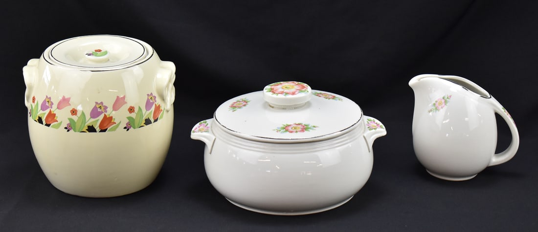 HALL'S KITCHENWARE COOKIE JAR, PITCHER & CASSEROLE DISH: All three pieces are manufactured by Hall's Superior Quality Kitchenware, which is made in the USA. Both the cream pitcher and casserole dish share the same "Rose White" pattern, while the cookie jar