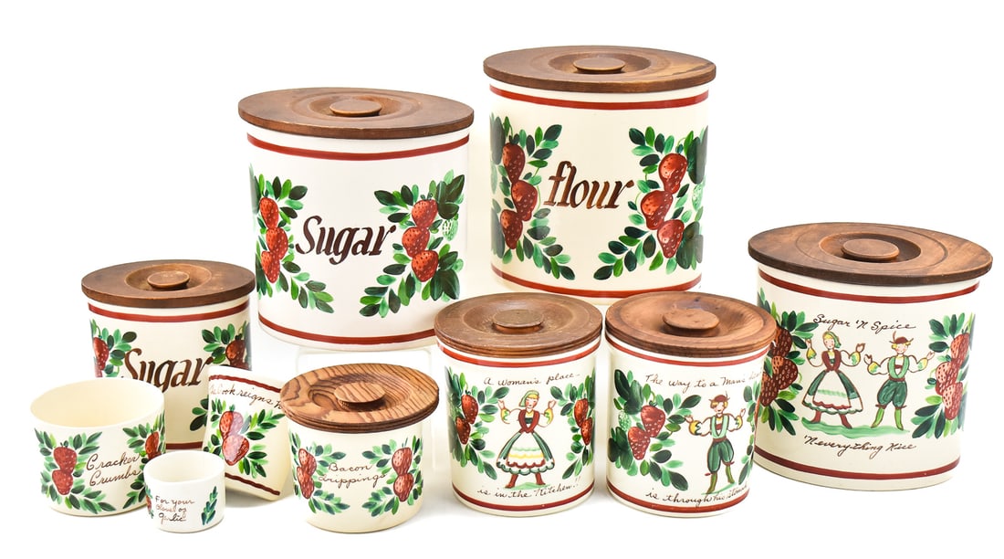 COLLECTION OF BAUER 'STRAWBERRIES' CANISTERS & MORE: A collection of circa 1950s Bauer USA "Strawberries" lidded canisters oval and round, three jars, and a wall pocket measuring 4" H x 5" W x 2.25" D.
