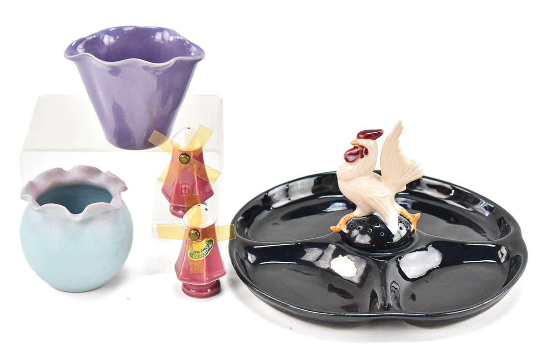 ASSORTMENT OF ROSEMEADE CERAMICS: An assortment of Rosemeade ceramic items including two windmill salt and pepper shakers, two small vases, and a rooster Hors D'oeuvres tray. The tray measures 4.5" H x 9" W x 9" D.