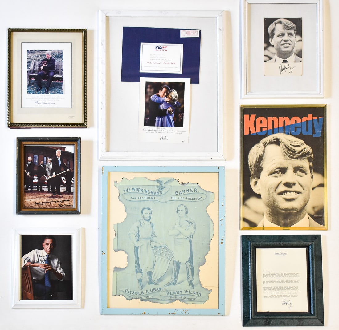 ASSORTMENT OF PRESIDENTIAL MEMORABILIA: An assortment of eight presidential political memorabilia including a framed vintage reproduction of Ulysses Grant's presidential campaign flier, a framed campaign letter from Al Gore with printed sig