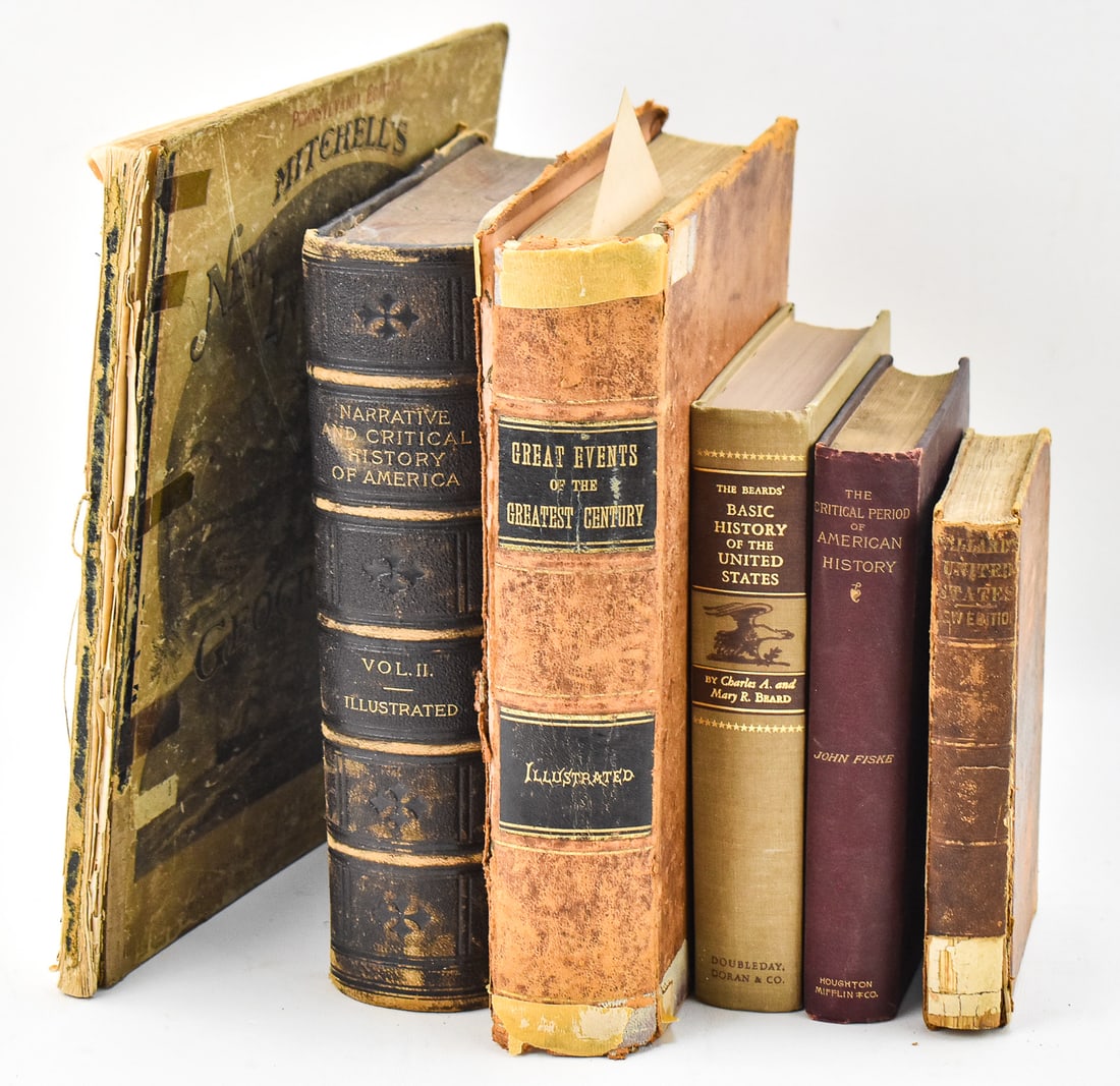 ASSORTMENT OF U.S. HISTORY BOOKS: An assortment of six U.S. history books including "Abridged History of The United States or Republic of America" by Emma Willard circa 1855, "The Critical Period of American History 1783-1789" by