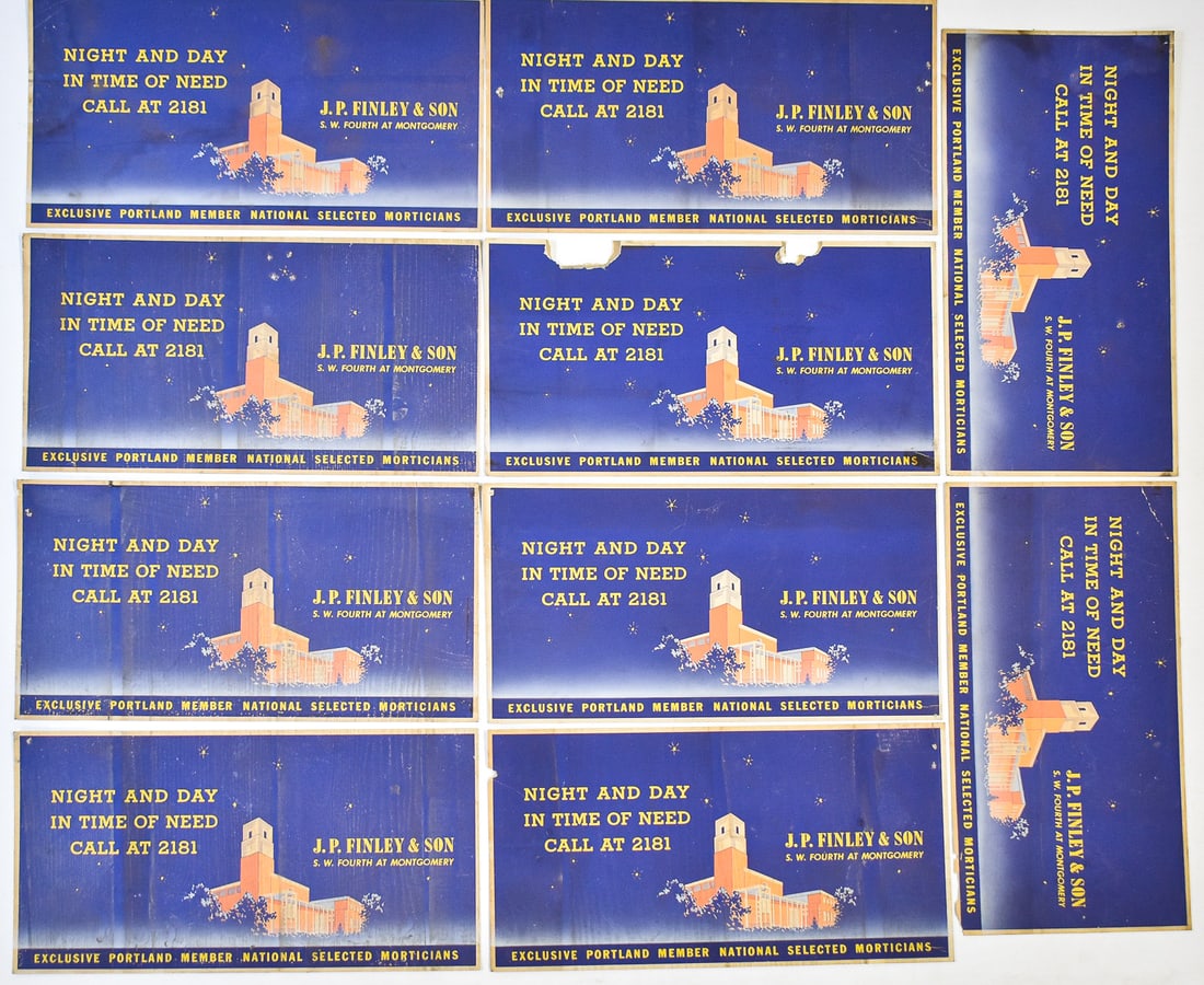 10 J. P. FINLEY & SON MORTUARY, PORLAND, OREGON, TROLLEY CAR ADVERTISEMENT SIGNS, EARLY 20TH CENTURY: A set of ten trolley car advertisement signs from J. P. Finley & Son mortuary of Portland, Oregon, circa early-20th century. Each sign measures 11" H x 21" W.