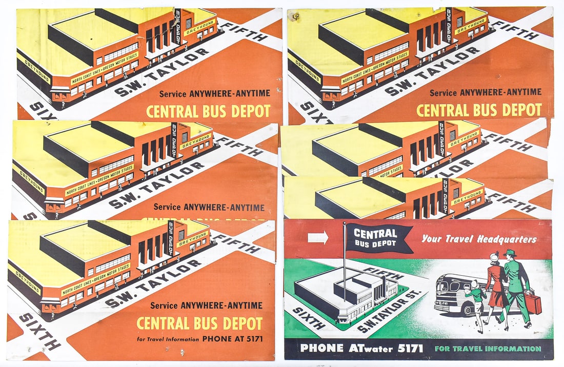 7 CENTRAL BUS DEPOT PORTLAND, OREGON, TROLLEY ADVERTISEMENT SIGNS, C. MID 20TH CENTURY: An assortment of seven Central Bus Depot trolley car advertisement signs from Portland, Oregon, circa mid 20th century. There are six of one design, and one of a second design. Each sign measures 11"
