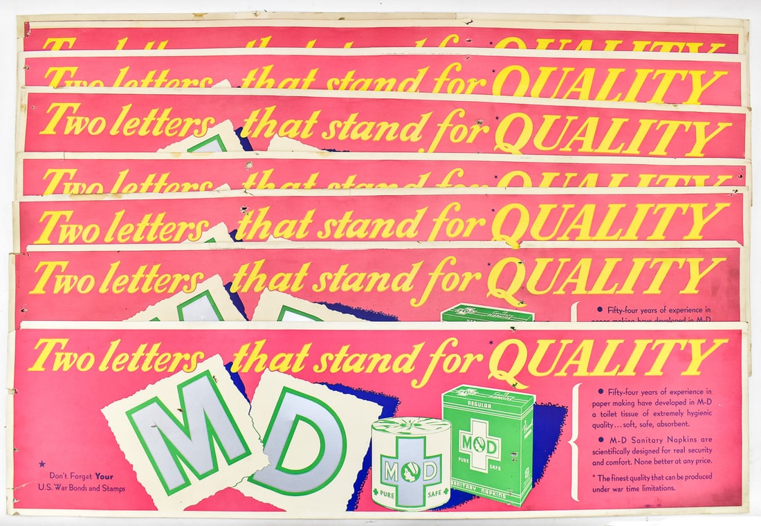 NINE M-D TOILET PAPER & SANITARY NAPKINS TROLLEY CAR ADVERTISING SIGNS, C. 1950s: Nine trolley car advertising signs for M-D toilet paper and Sanitary Napkins made circa 1950's. All nine signs measure 11" H x 42" W.