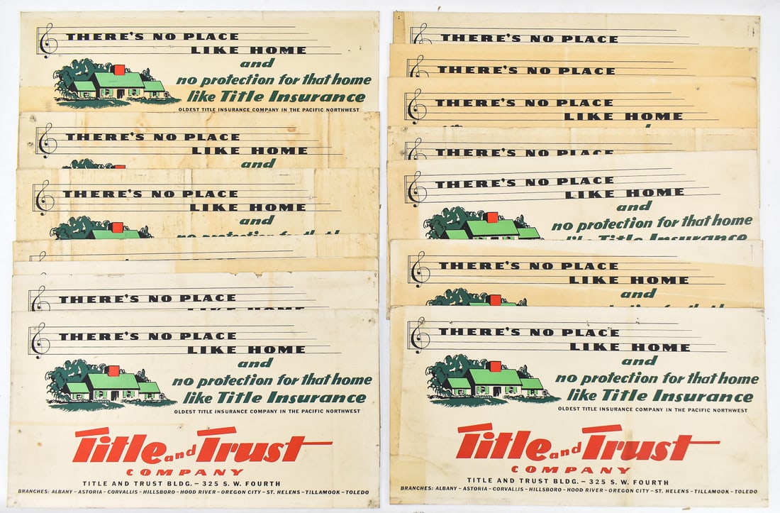 16 TITLE AND TRUST COMPANY TROLLEY CAR ADVERTISEMENT SIGNS, C. MID 20TH CENTURY: A set of sixteen Title and Trust company trolley car advertisement signs, circa mid 20th century. Each sign measures 11" H x 21" W.