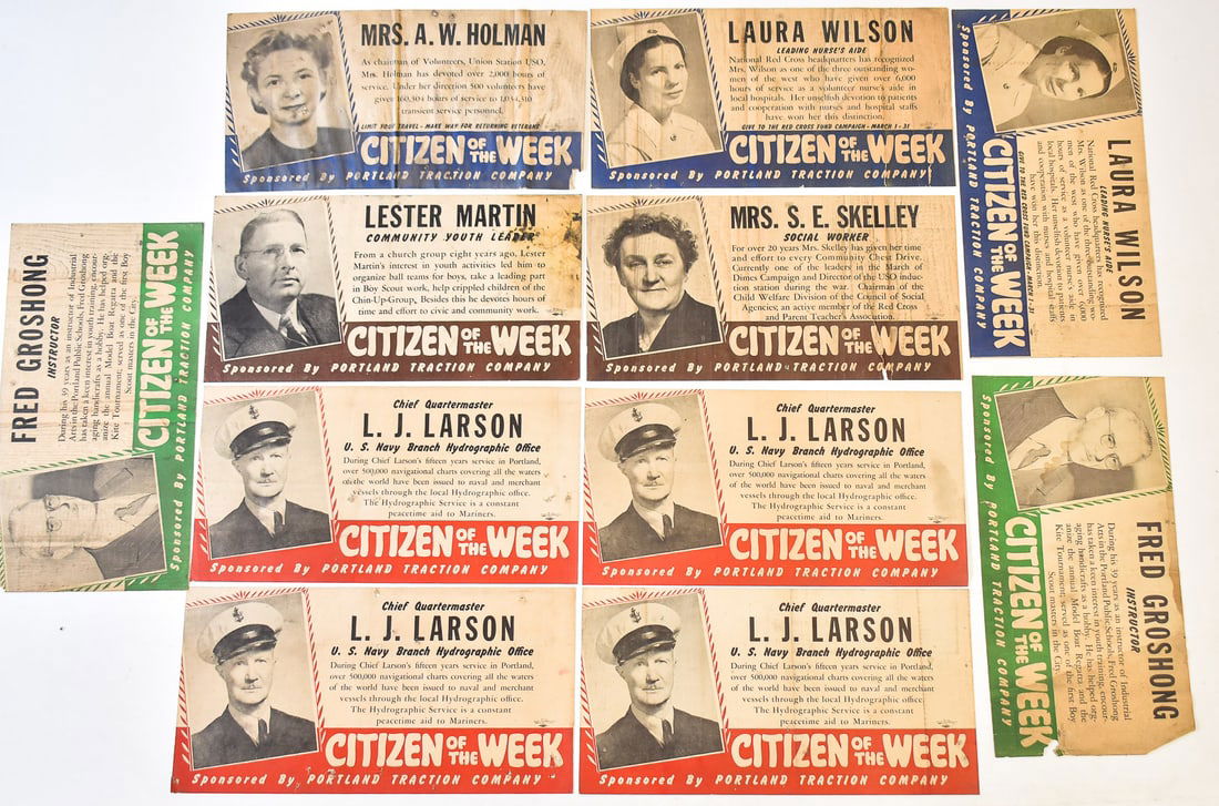 11 CITIZEN OF THE WEEK TROLLEY CAR ADVERTISING SIGNS BY THE RAY CARR ORGANIZATION, C. 1946: An assortment of eleven "Citizen of the Week" trolley car advertising signs from 1946 from The Ray Carr Organization and sponsored by Portland Traction Company, dated 1946. Each sign includes a short