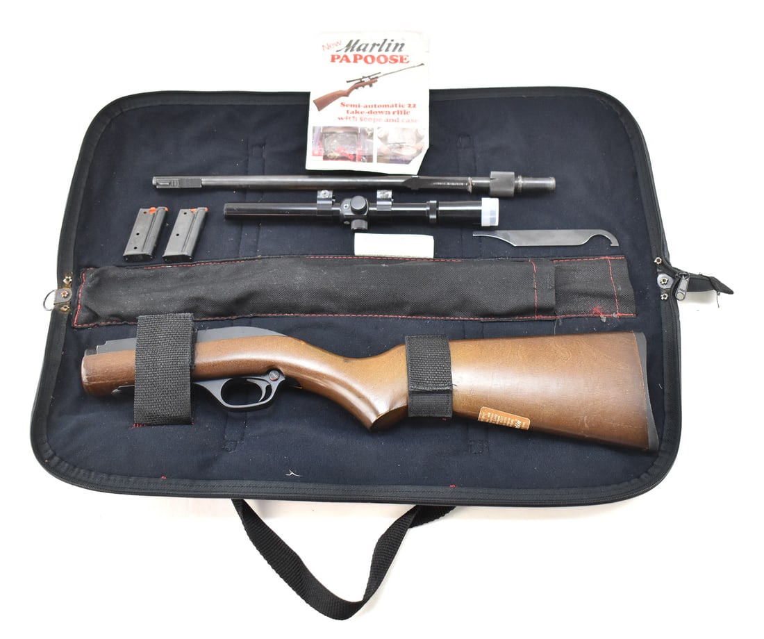 MARLIN PAPOOSE SEMI-AUTOMATIC 22 TAKE-DOWN RIFLE W/ SCOPE & CASE: A Marlin Papoose Model-70P semi-automatic take-down rifle chambered in .22 LR with a 4X scope, 16 1/4" micro-groove barrel, 7-round magazine, and a floating padded case. The case measures 8.5" H x 