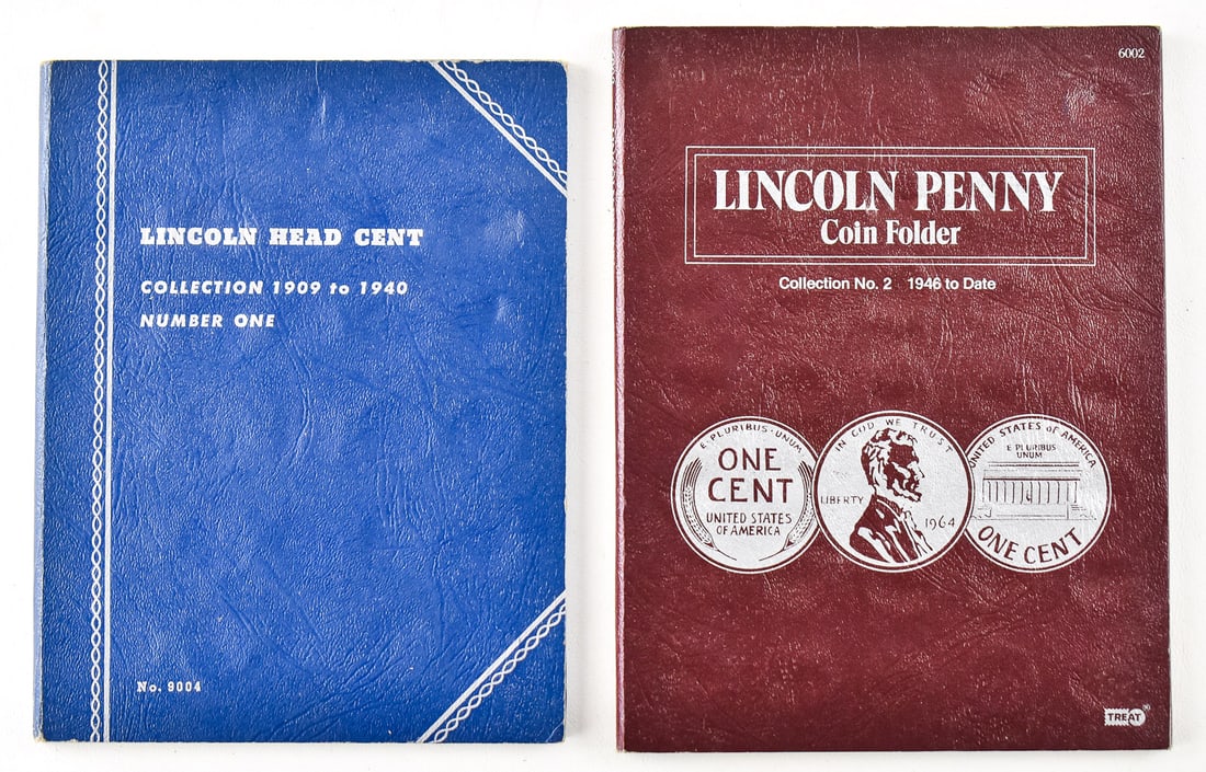 TWO PARTIALY COMPLETE LINCOLN HEAD CENT ALBUMS: Two Lincoln Head cent coin collecting albums, a blue Whitman 1909-1940 album and a 1946-1976 Treat album. Both albums contain approximately 68 Lincoln pennies to get the collection started. Each