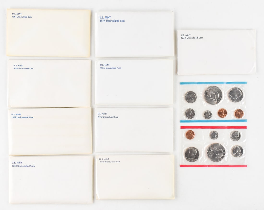 1973-1981 UNCIRCULATED U.S. COIN SETS: Uncirculated U.S. coin sets from the years 1973-1981 from both the Denver and Philadelphia mints. Each set comes in an envelope measuring 3.75" H x 6.75" W x 0.1" D.