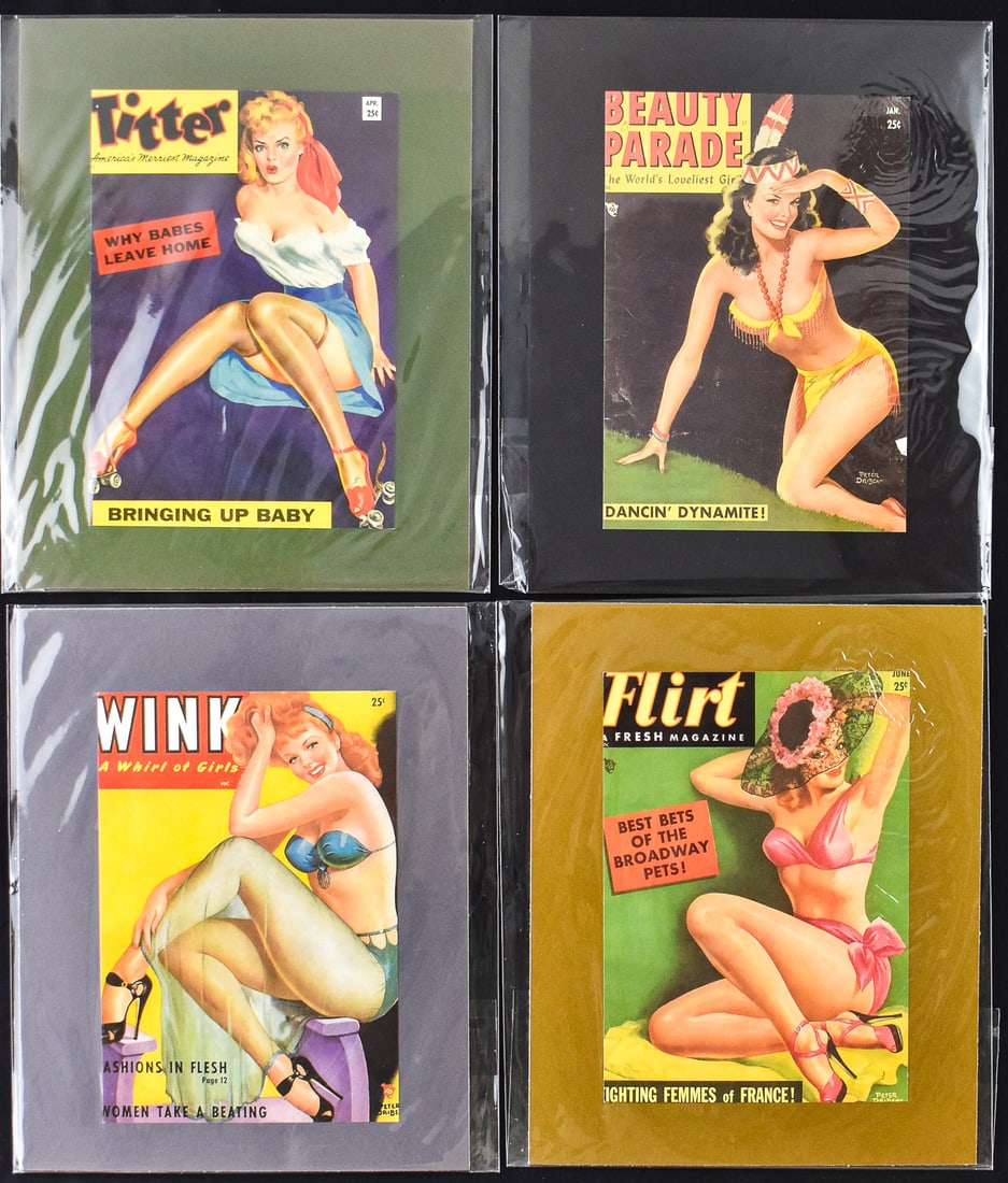 FOUR REPRINTED TITTER, WINK, FLIRT & BEAUTY PARADE MAGAZINE COVERS: Four sealed and matted reprinted magazine covers which includes; Titter, Wink, Flirt, and Beauty Parade which measure 10" H x 9" W x 0.25" D.