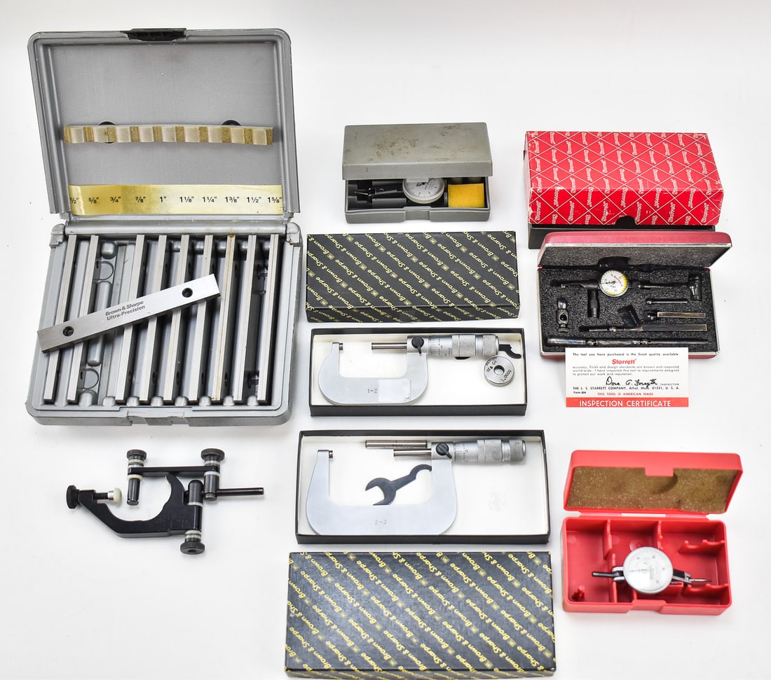 MACHINIST TOOL ASSORTMENT: PARALLEL SET, MICROMETERS, DIAL TEST INDICATORS, & MORE: This lot includes the following: Brown & Sharpe Manufacturing Company 2 and 3-inch micrometers, Brown & Sharpe Manufacturing Company "Interapid" dial test indicator, Brown & Sharpe
