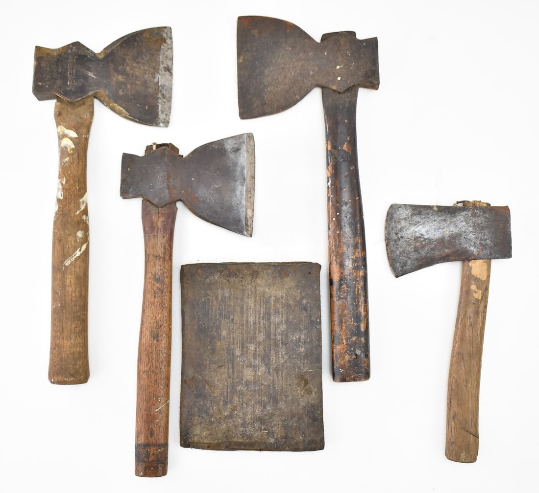 ASSORTMENT OF EARLY 20TH CENTURY AXES: WARDS MASTER & MORE: This lot includes three hewing axes; one marked Wards Master, an an "Americansy" marked hand axe, circa early 20th century. The largest item measures 1.5" H, 6" W, 15.5" D.