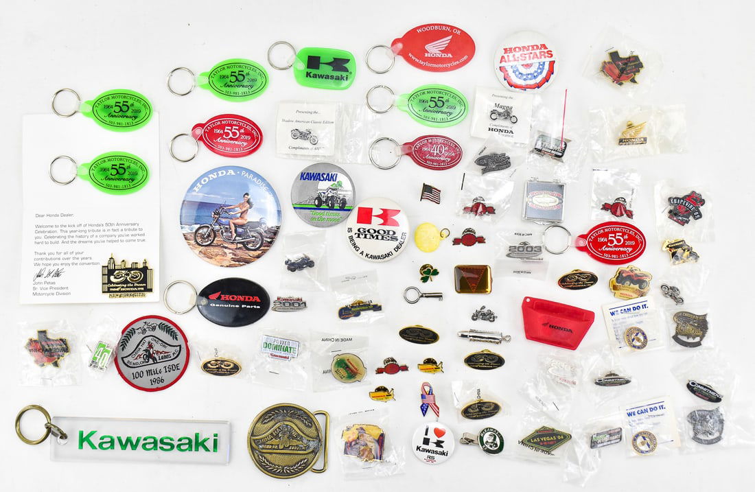 LARGE HONDA & KAWASAKI ASSORTMENT: KEY TAGS, PINS, & MORE (1 of 4)