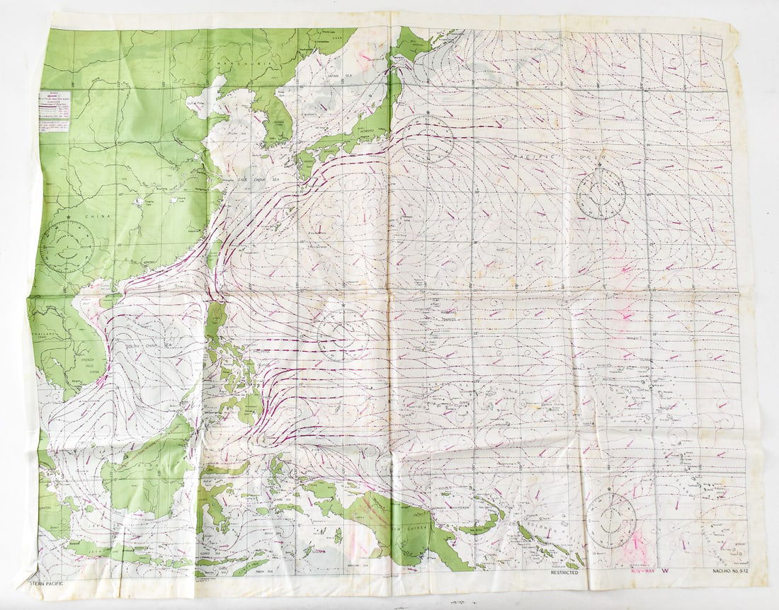 WWII US EAST ASIA AVIATOR ESCAPE MAP: The map depicts the East Asian Pacific countries of China, Japan, The Philippines and other countries with each side depicting the ocean currents for each half of the year. These items would be in