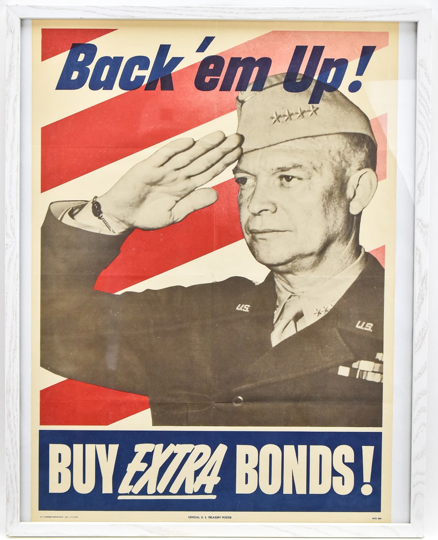 OFFICIAL U.S. TREASURY 'BACK ' EM UP! BUY EXTRA BONDS' FRAMED POSTER, C. 1944 (1 of 4)