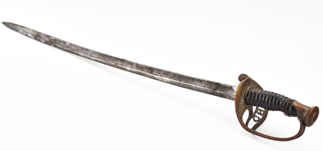 THOMAS LEECH & CO (ATTR.), FLOATING CS CONFEDERATE CIVIL WAR FIELD AND STAFF OFFICER'S SWORD: A floating "CS" Confederate Civil War field and staff officer's sword attributed to Thomas Leech and Company, circa 1860s. The blade features the floating "CS" marks inside a brass handguard, a brass