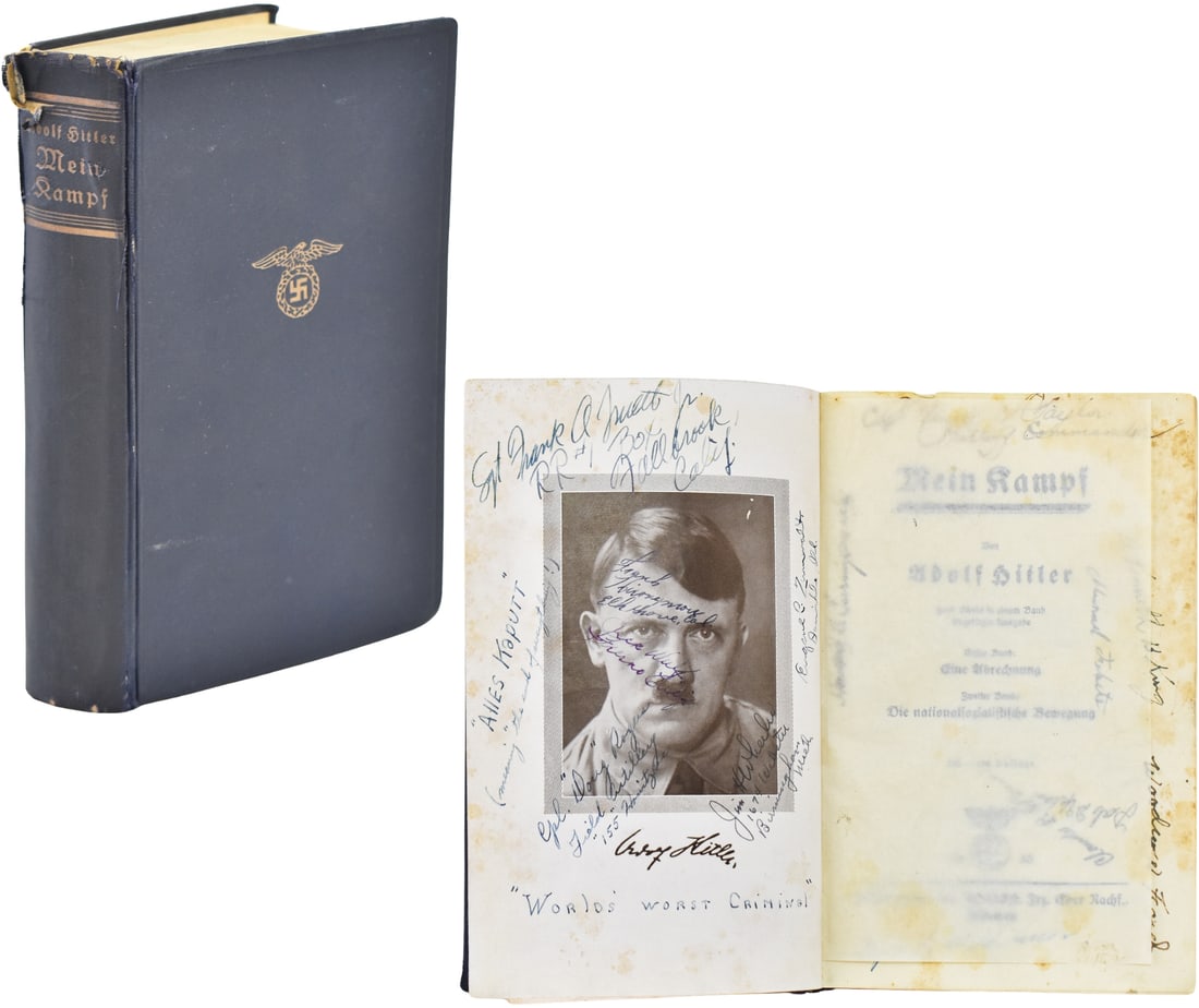 ADOLF HITLER 'MEIN KAMPF' GERMAN 1938 EDITION, U.S. SOLDIERS SIGNED SOUVENIR: A 1938 edition of "Mein Kampf" written in German by Adolf Hitler. This is the 2 volume Volksausgabe (People's Edition) without the dust cover. This particular book was taken as a souvenir by a