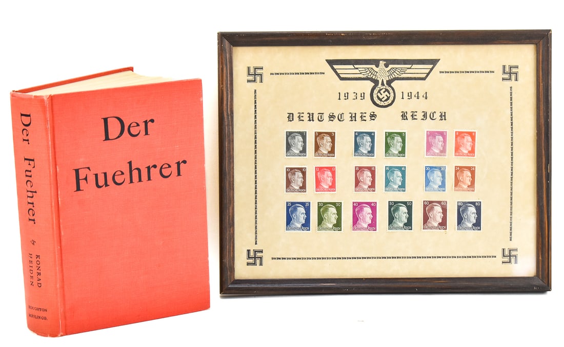 KONRAD HEIDEN 'DER FUEHRER' & FRAMED GERMAN STAMP COLLECTION: This lot includes Konrad Heiden "Der Fuehrer" published by Houghton Mifflin Company in 1944 and a framed 1939-1944 "Deutsches Reich" stamp collection. The frame measures 0.5" H, 12" W, 9.5" D.