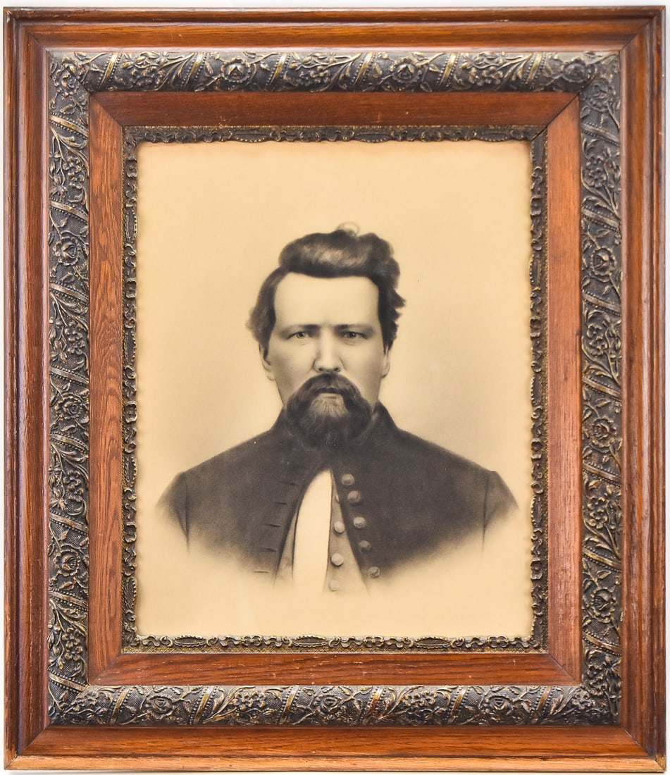 MILITARY OFFICER'S CHARCOAL PORTRAIT: Original 19th Century Military officer's charcoal portrait on paper. Portrait measures 19.5" H x 15.5" W presented in an ornately carved period wood frame measuring 30" H x 26" W x 2" D.