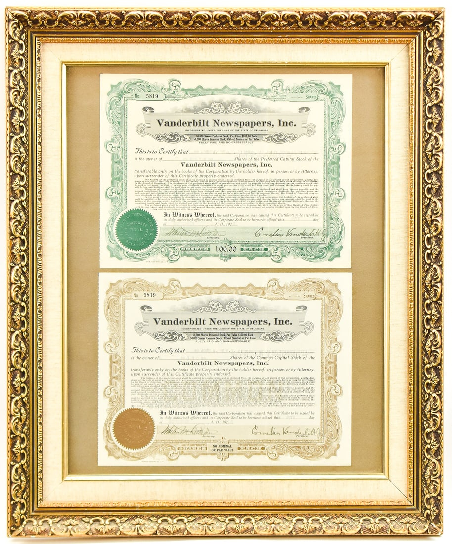 FRAMED VANDERBILT NEWSPAPERS STOCK CERTIFICATES; SIGNED CORNELIUS VANDERBILT: This lot includes Vanderbilt Newspapers Incorporated framed 1924 stock certificates signed Cornelius Vanderbilt; one is for four preferred stocks and the other is for two common stocks. The item