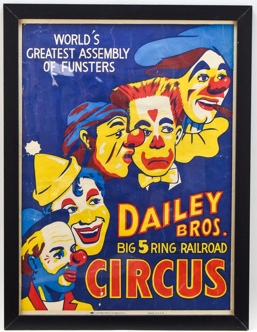 DAILEY BROS. CIRCUS POSTER: Dailey Bros. Big 5 Ring Railroad Circus screenprint poster on paper featuring the "World's Greatest Assembly of Funsters" - a group of 5 clowns shown on the poster. Printed in the USA, Central Show