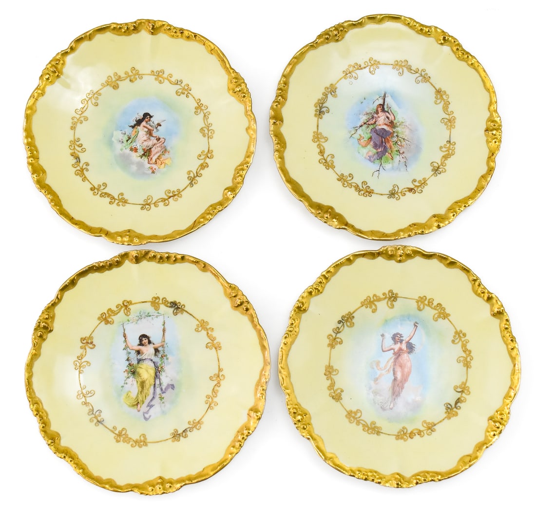 SET OF 4 JEAN POUYAT LIMOGES FRANCE PORCELAIN PLATES: A set of four Limoges gilded Victorian porcelain plates made by Jean Pouyat of Limoges France, circa 1891-1932. The plates are marked "J. P. L. France" on the base. Each plate measures 1" H x 8.5" W x