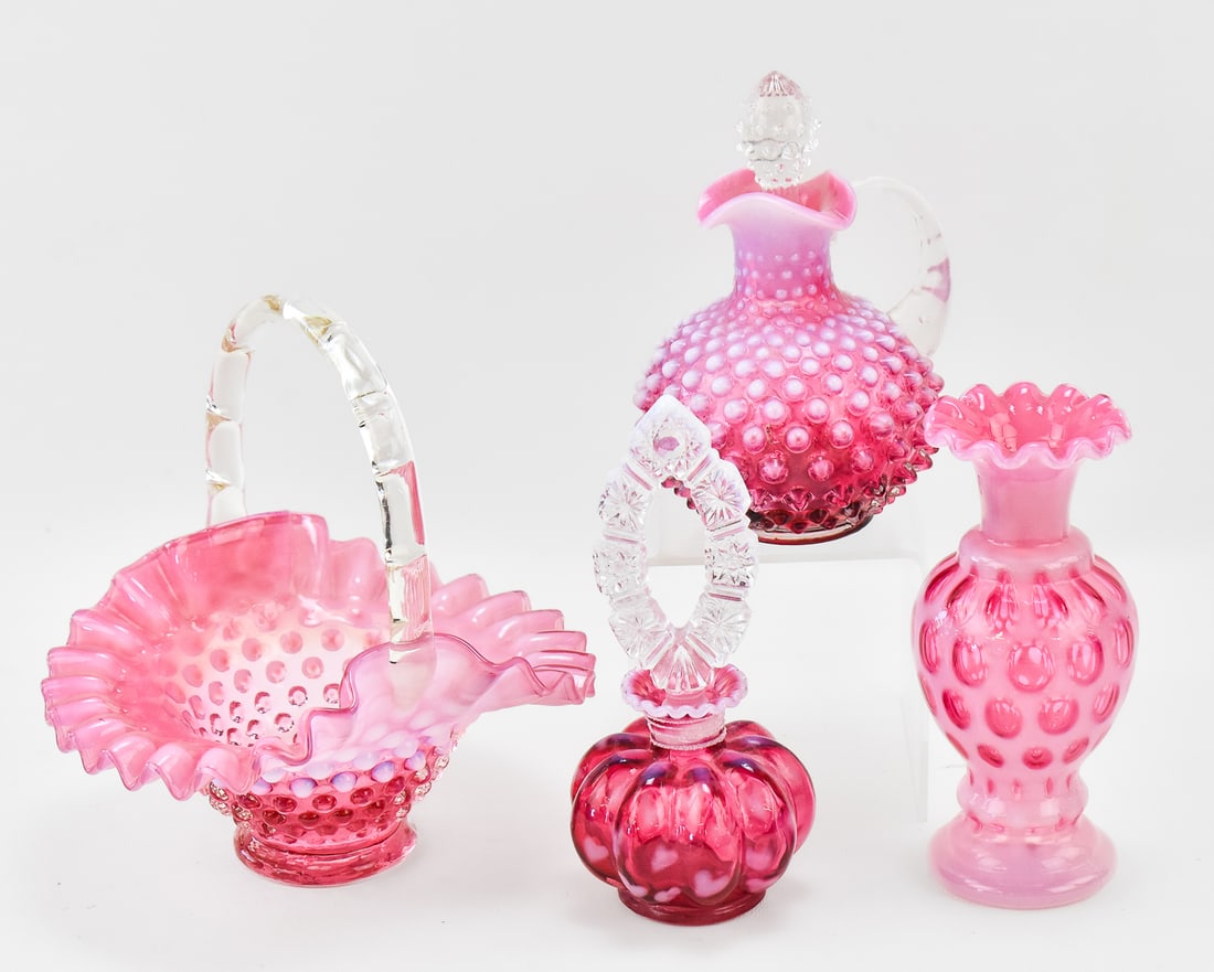 FENTON CRANBERRY OPALESCENT GLASS: HEART OPTIC PERFUME BOTTLE, HOBNAIL BASKET, & MORE (1 of 2)