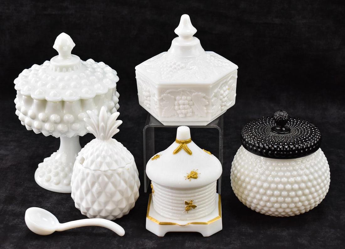 COLLECTION OF FIVE LIDDED MILK GLASS JARS: FENTON & IMPERIAL GLASS (1 of 2)