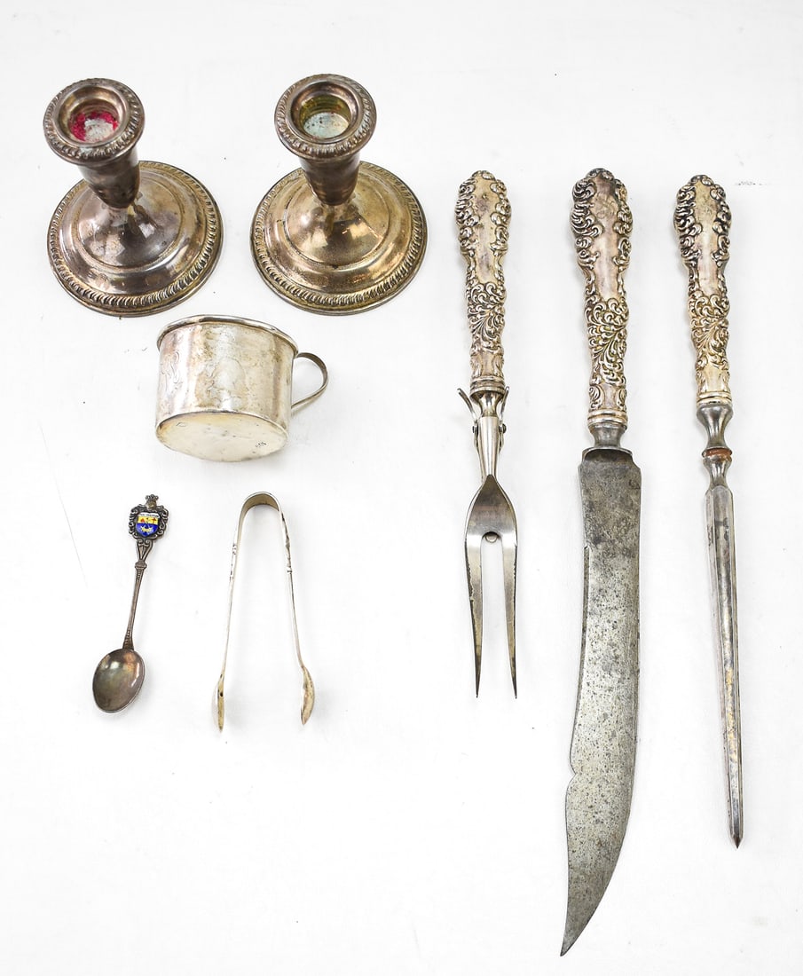 ASSORTMENT OF STERLING SILVER UTENSILS & WEIGHTED CANDLESTICKS (1 of 2)