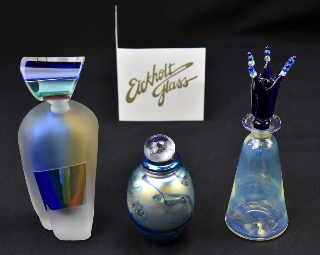 THREE ART GLASS PERFUME BOTTLES: JIM & CONNIE GRANT, EICKHOLT GLASS STUDIO, & MORE (1 of 6)