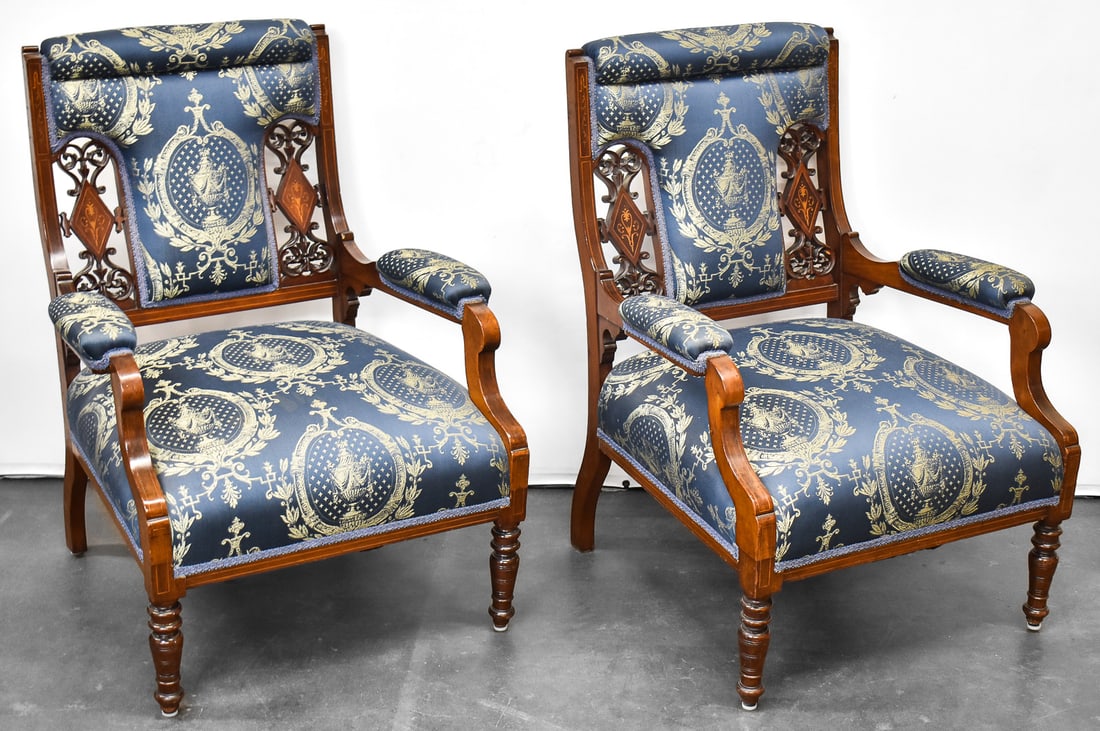 TWO INLAID CONTINENTAL CHAIRS: This lot includes two inlaid continental chairs, circa late 19th - early 20th century. The item measures 35" H, 23.5" W, 25" D.