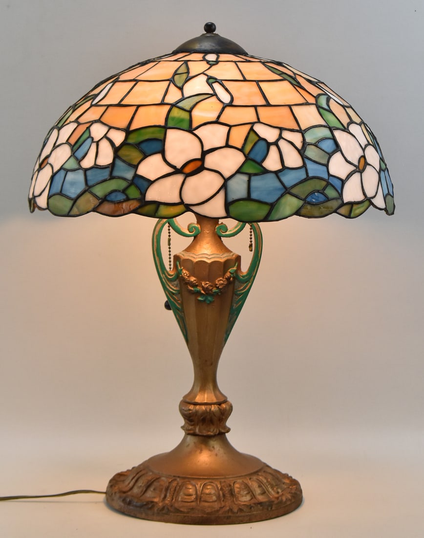 TIFFANY-STYLE ART NOUVEAU GILTED TABLE LAMP (1 of 3)