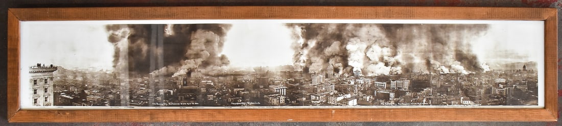RJ WATERS & CO. "THE BURNING CITY-SAN FRANCISCO" PANORAMIC PHOTOGRAPH: 1906 RJ Waters & Co. panoramic photograph "The Burning City-San Francisco" measuring 9" H x 53" W presented in a frame measuring 12" H x 56" W x 1" D.