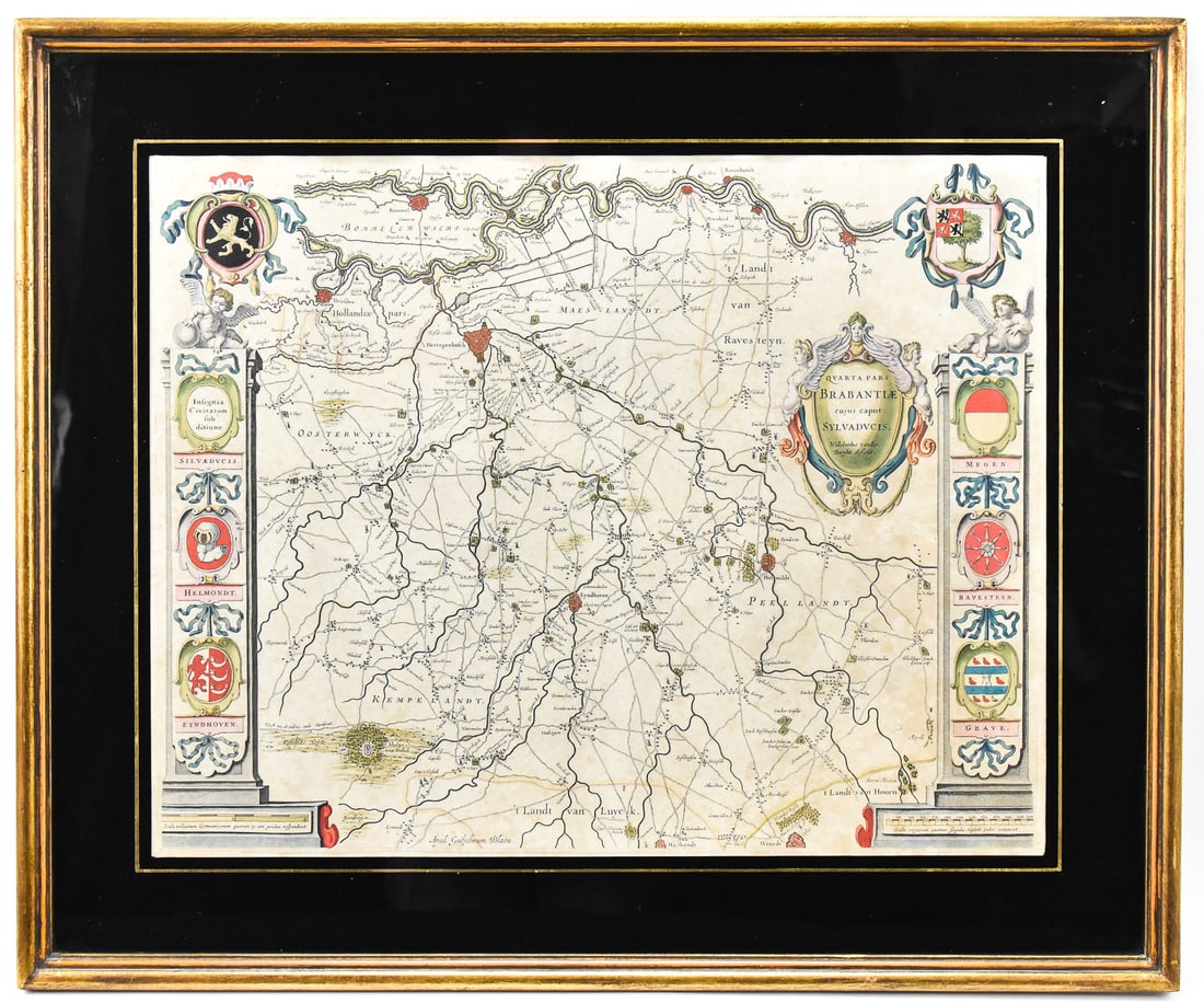 WILLEM BLAEU "FOURTH PART OF BRABANT" (THE NETHERLANDS) HAND-COLORED ENGRAVED MAP: A Willem Blaeu (1571-1638) "Fourth Part of Brabant" (The Netherlands) hand-colored engraved map designed by Willem van der Burght with faux alligator hide backing on a modern frame, circa 1640. The