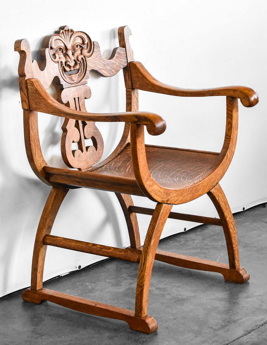 OAK SAVONAROLA-STYLE CHAIR, STOMPS-BURKHARDT CO. (1 of 3)