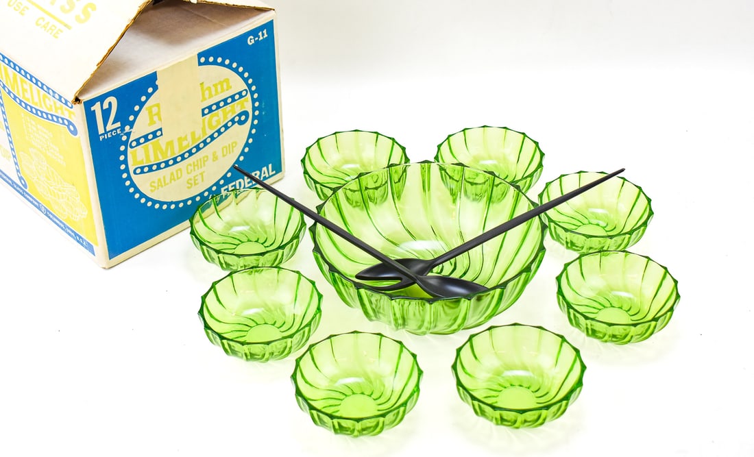CASA FOR CHILDREN CHARITY LOT: FEDERAL GLASS 12-PIECE "RHYTHM LIMELIGHT" SALAD CHIP & DIP SET: The Federal Glass Company "Rhythm Limelight" salad chip and dip set with an original box, circa 1960s. The item measures 8.5" H, 10" W, 10" D. Proceeds from this lot benefit CASA For Children charity.