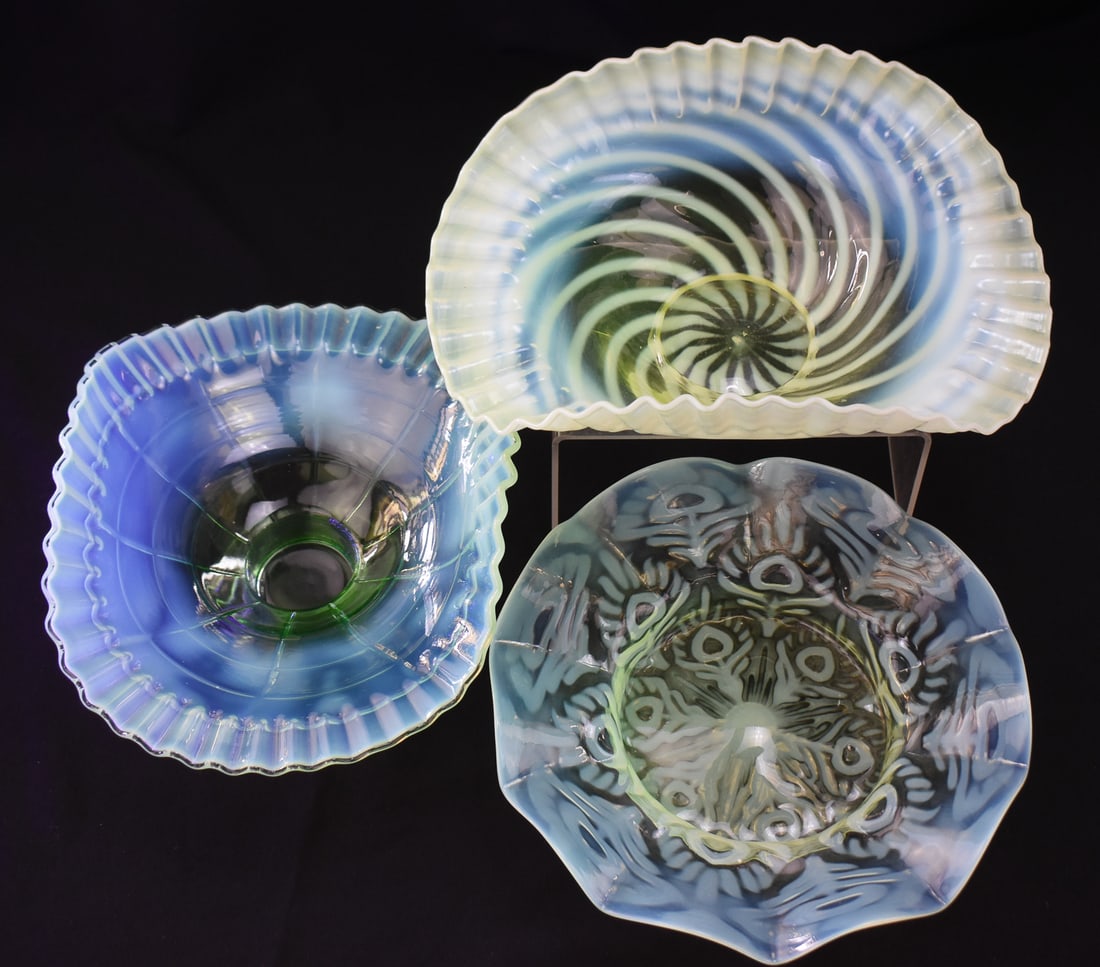 THREE OPALESCENT ART GLASS PIECES: WALSH & WALSH, FENTON, & MORE (1 of 2)