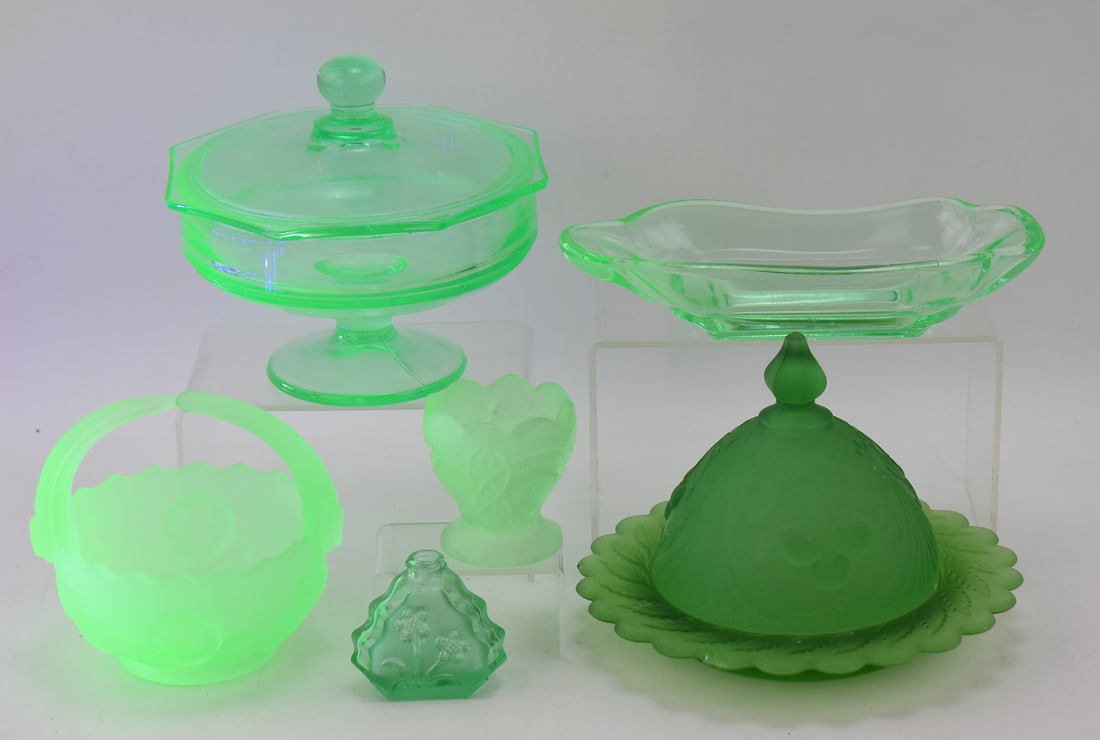 URANIUM & GREEN GLASS ASSORTMENT: IMPERIAL GLASS, LENOX IMPERIAL GLASS: An assortment of clear and frosted, uranium glass and non-uranium glass pieces including a uranium glass candy dish, a uranium glass butter dish, an Imperial Glass Company No. 402 frosted uranium glas