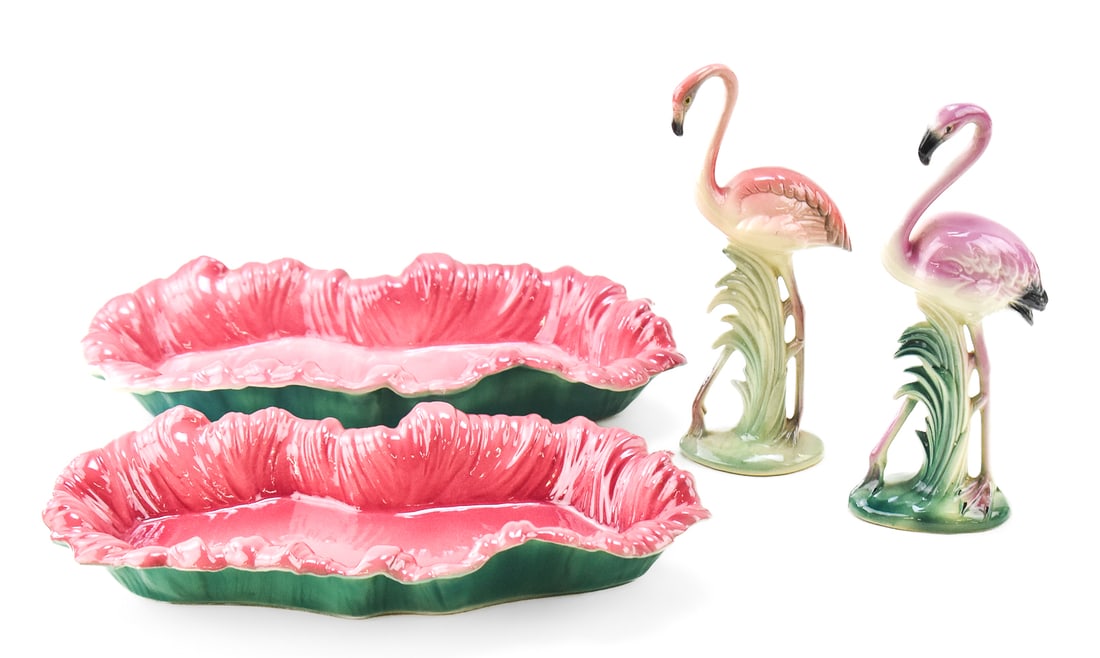 MADDUX OF CALIFORNIA POTTERY FLAMINGO POND & CERAMIC FLAMINGO FIGURINES, BRAD KEELER: Two Maddux of California Mid-century Modern ceramic "Flamingo Pond" planter trays, one marked "B-1004" and "MADE IN THE USA" on the base. This lot also includes two painted ceramic flamingo
