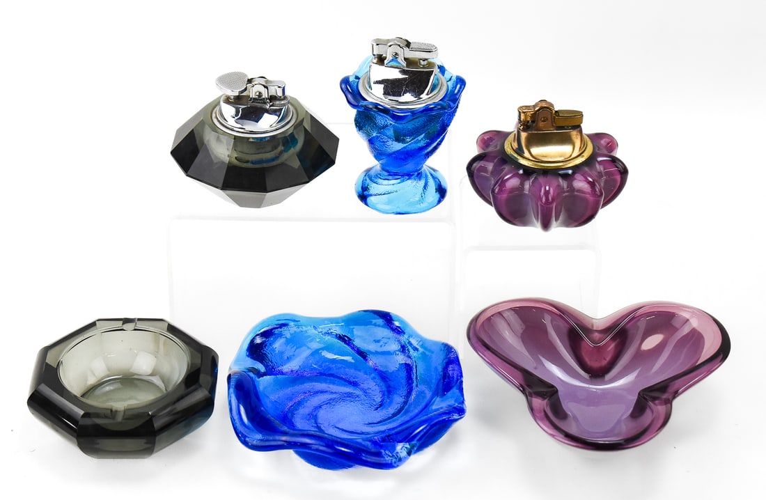 THREE MATCHING SETS OF ART GLASS LIGHTERS & ASHTRAYS: SASAKI, FENTON, MURANO (1 of 1)