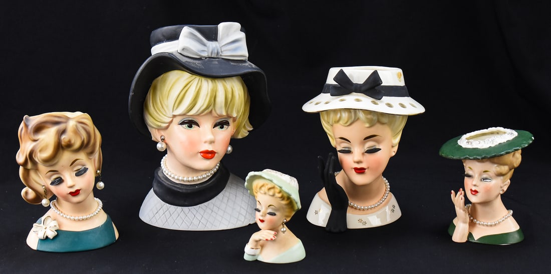 LADY HEAD VASES: INARCO, NAPCOWARE, ENESCO: This lot includes five lady head vases with original sticker labels, circa mid 20th century: 1963 Inarco vase No. E-774 and No. E-2322, National Potteries Company Napcoware vase No. C3343 and No. C749