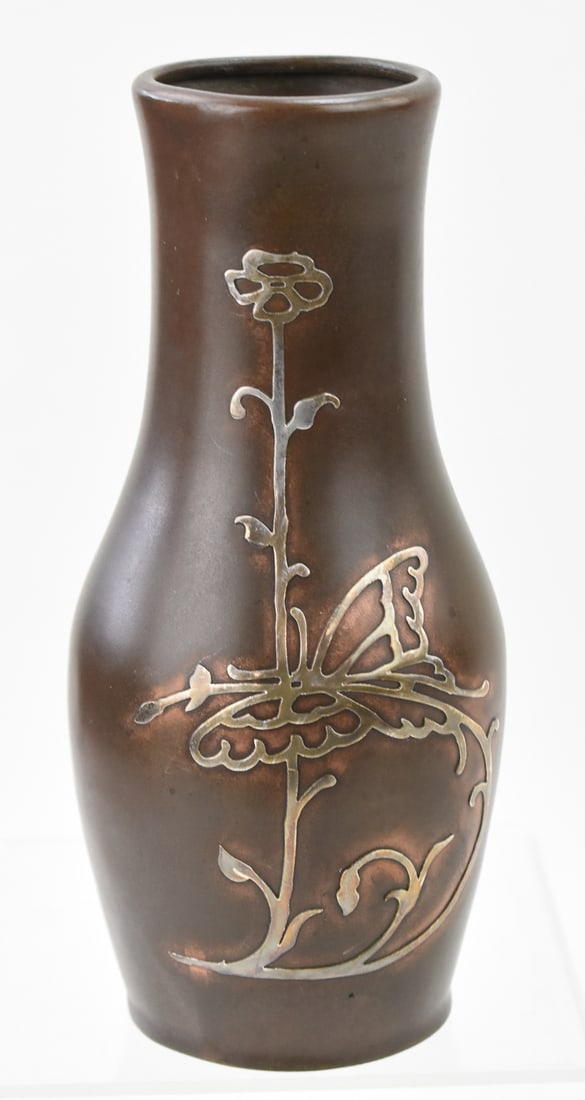 SILVER CREST STERLING ON BRONZE FLORAL AND BUTTERFLY VASE (1 of 3)