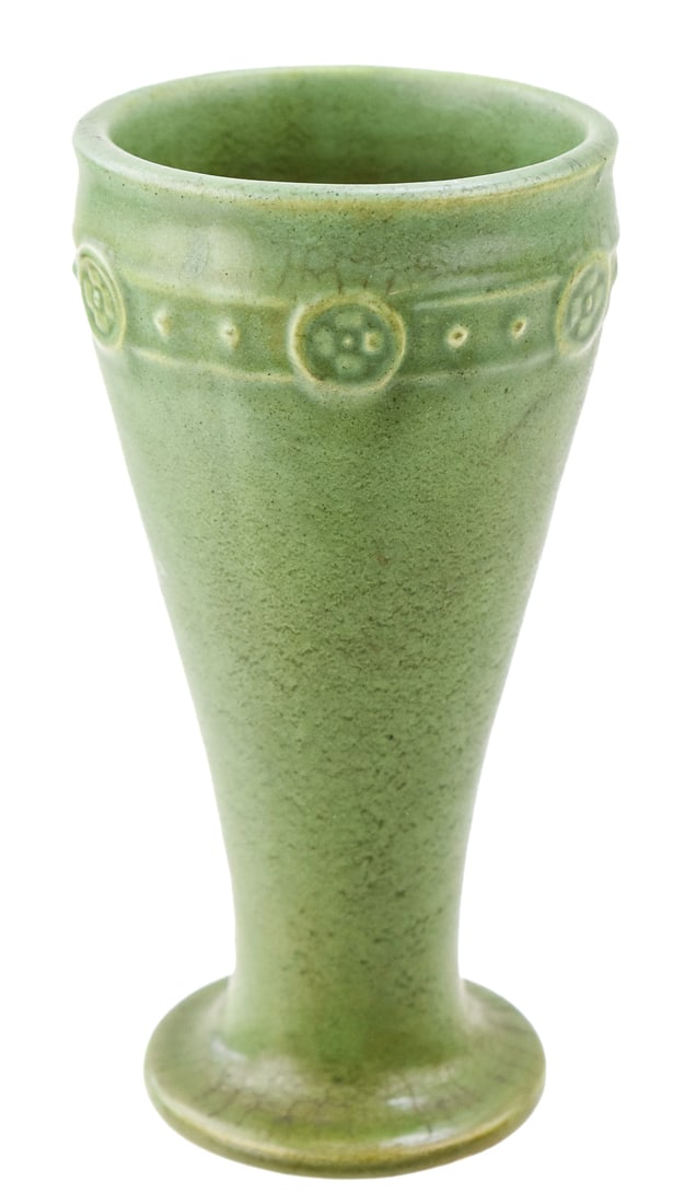 ROOKWOOD FLORAL BANDED PATTERN MATTE GREEN VASE: A Rookwood matte green vase with a floral banded pattern circa 1915, appears to be marked "4794". The item measures 7.5" H, 4" H, 4" D.