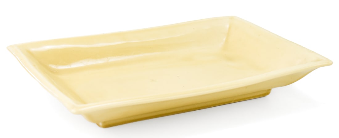 ROOKWOOD POTTERY TAN TRAY '6937', C. 1946: A marked Rookwood Pottery tray pattern No. 6937 in tan color, circa 1946. The tray measures 2" H x 12" W x 8.5" D.