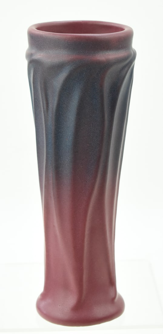 VAN BRIGGLE SWIRLED VERTICAL LEAF-PATTERN MULBERRY VASE - 2